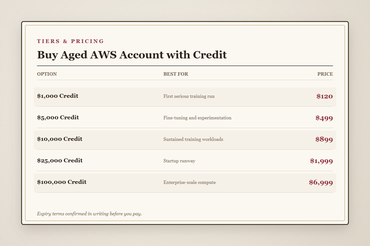 Aged AWS credit account pricing tiers from $120 to $6,999